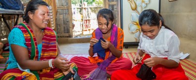 Girls working on making their own pads in Khagrachari hill district.